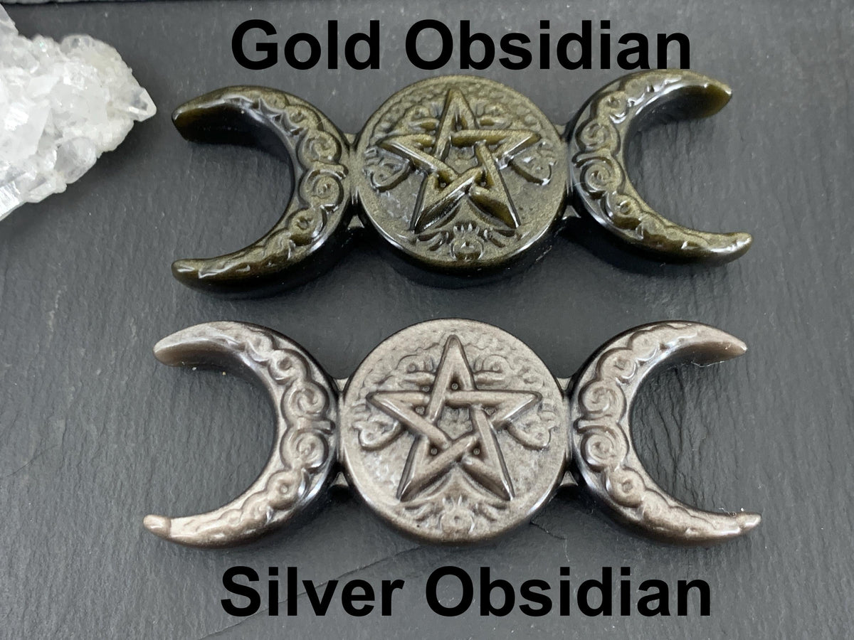 Obsidian Pentacle Altar Decor, Triple Moon Carving - Wiccan Gift