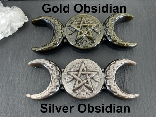 Obsidian Pentacle Altar Decor, Triple Moon Carving - Wiccan Gift