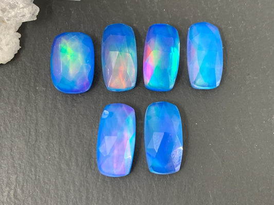 Faceted Aurora Opal rectangle 7x14mm long doublet cabochons