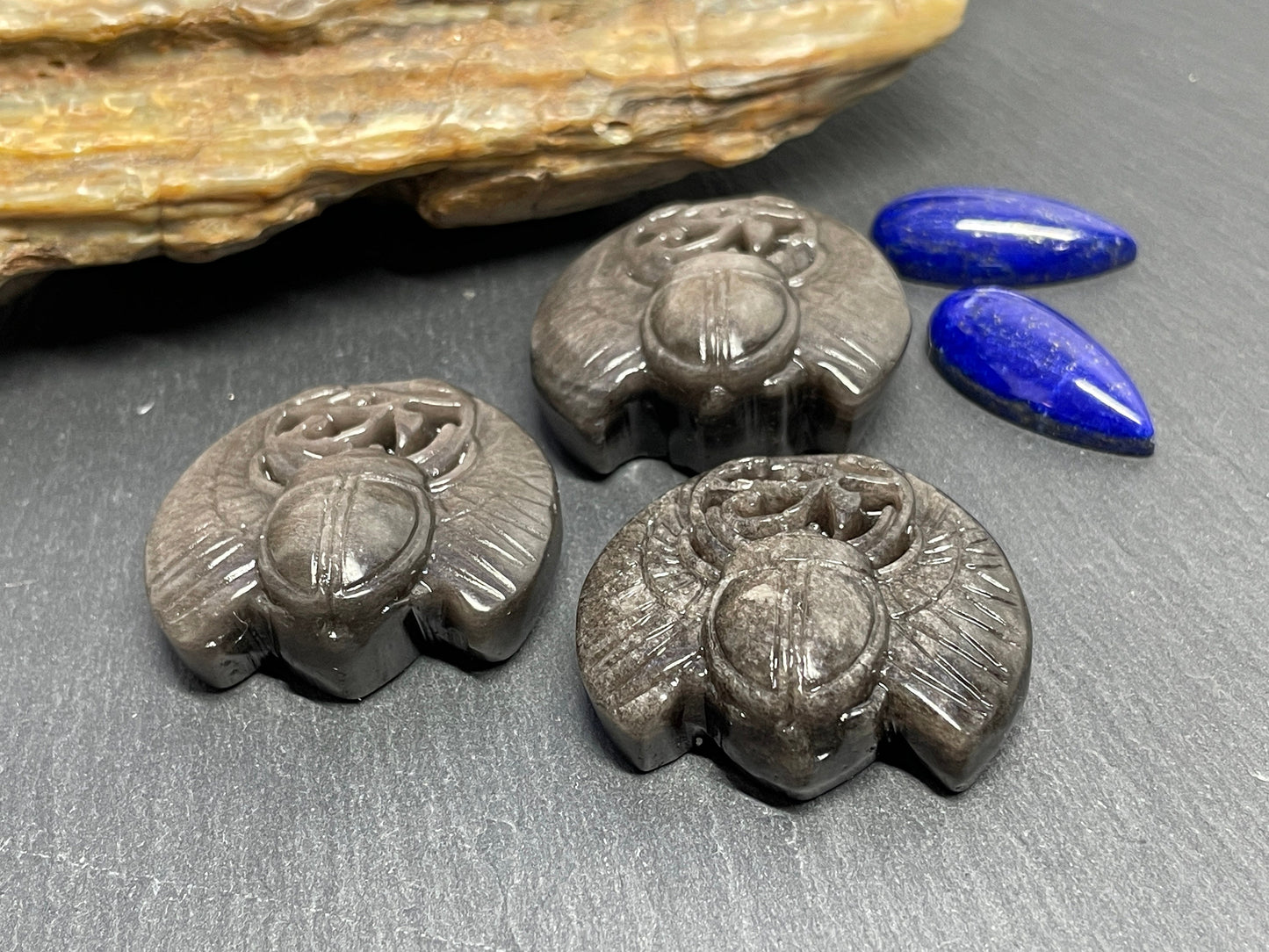 Silver Obsidian Ancient Egyptian Scarab Eye of Horus Symbol of Protection