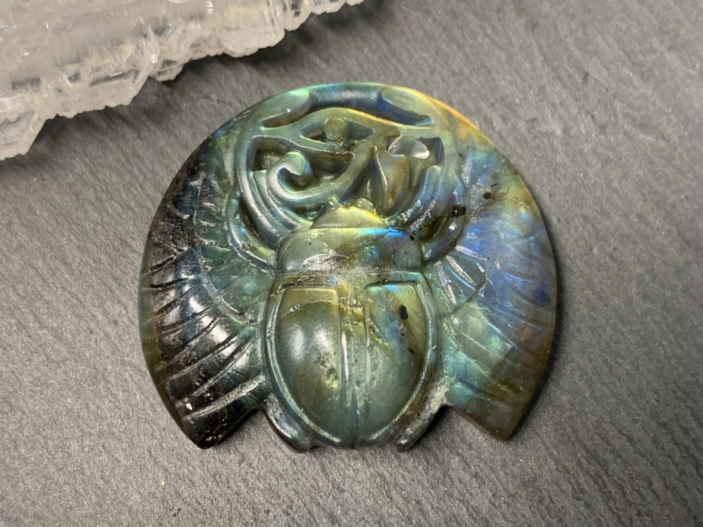 Labradorite Scarab Carving: Ancient Egyptian Eye of Horus Symbol of Protection (34x31mm)