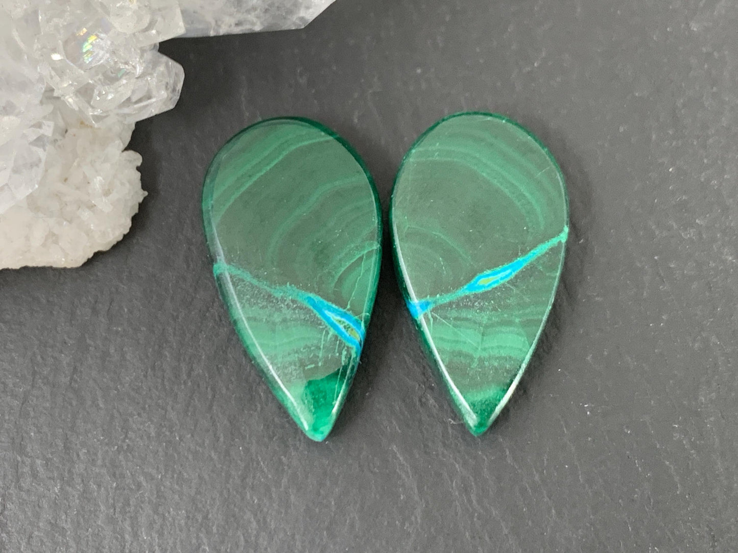 Malachite Chrysocolla pear 12x21x4.5mm cabochon pair