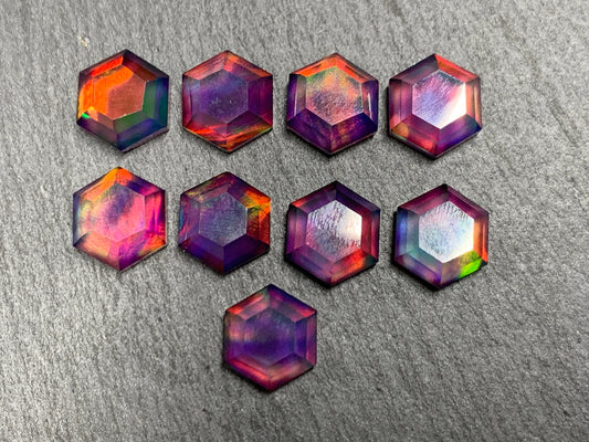 Faceted Aurora Opal hexagon 9mm cabochon - Doublet cabochons