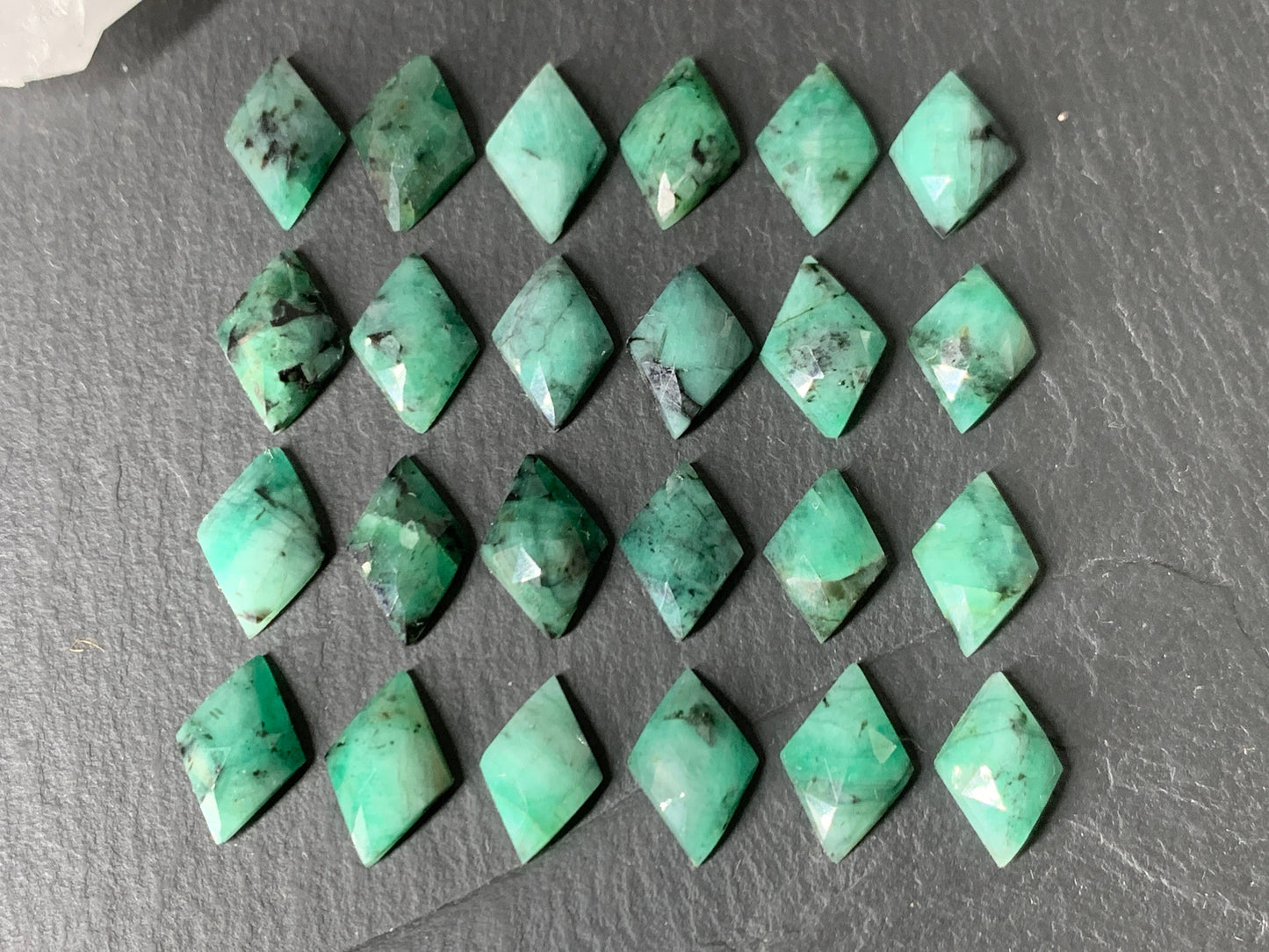 Faceted Emerald rhombus 11-12mm long cabochon/ W381