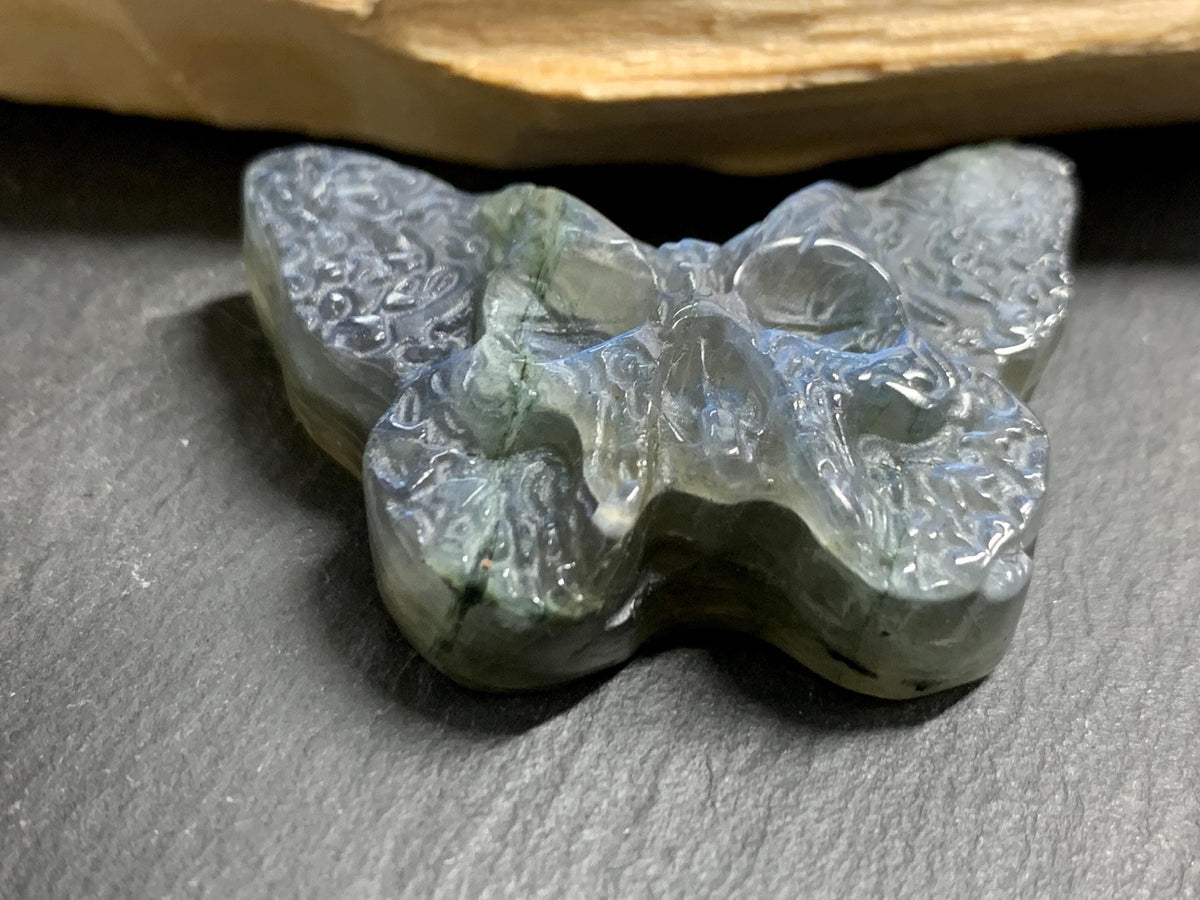 Labradorite Ghost Face Butterfly 40x28mm Flat Back Carving, Natural Labradorite, Handcrafted Crystal Jewelry