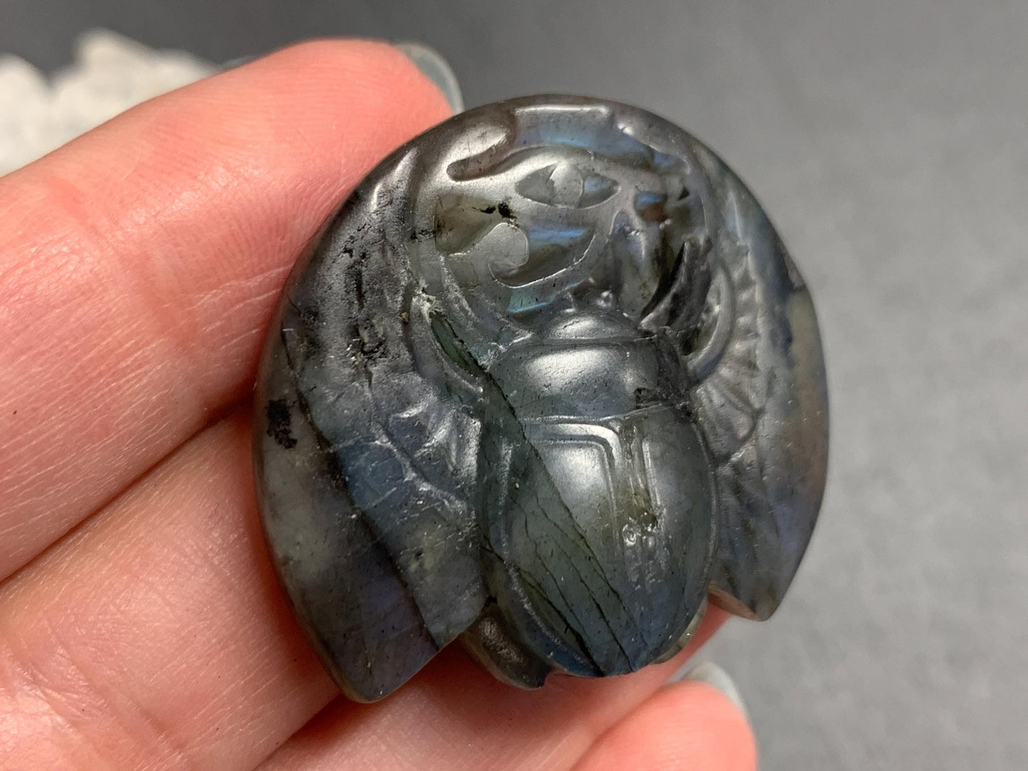 Labradorite Scarab Carving: Ancient Egyptian Eye of Horus Symbol of Protection (34x31mm)