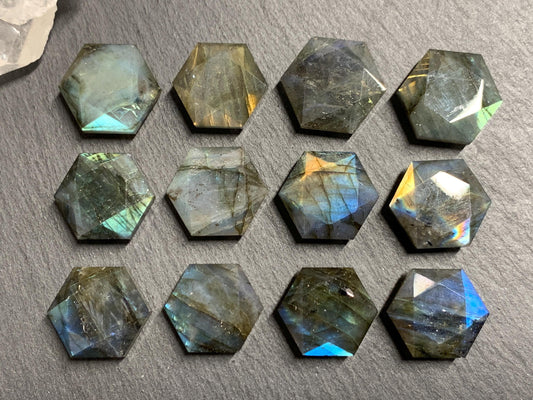 Labradorite hexagon 18mm faceted from both sides - not a cabochon