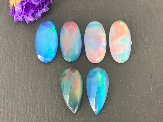 Faceted Aurora Opal oval, pear 10x20mm cabochon - Doublet cabochons