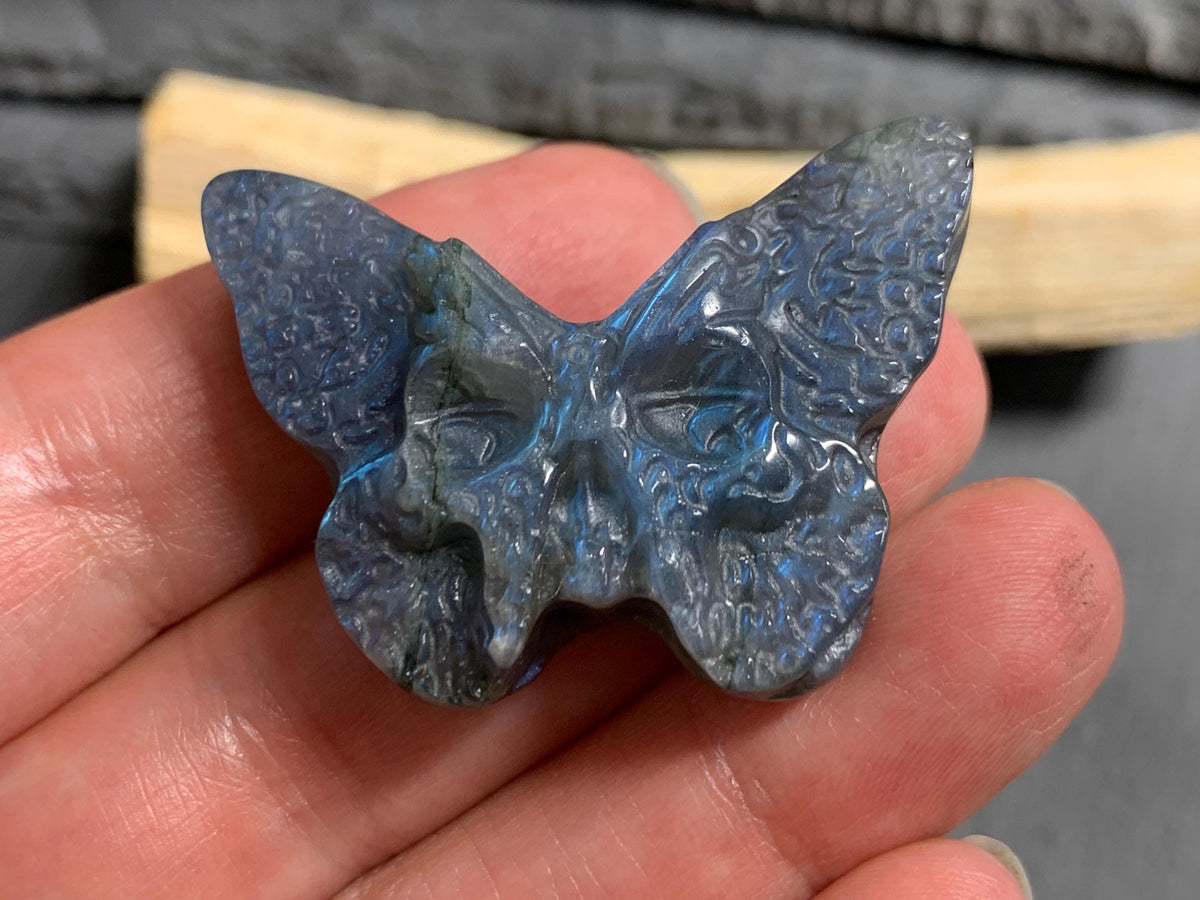 Labradorite Ghost Face Butterfly 40x28mm Flat Back Carving, Natural Labradorite, Handcrafted Crystal Jewelry