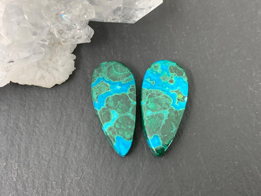 Malachite Chrysocolla pear 9x19x3.5mm cabochon pair