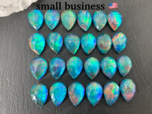 Faceted Aurora Opal pear 10x14mm cabochons  - Doublet cabochon