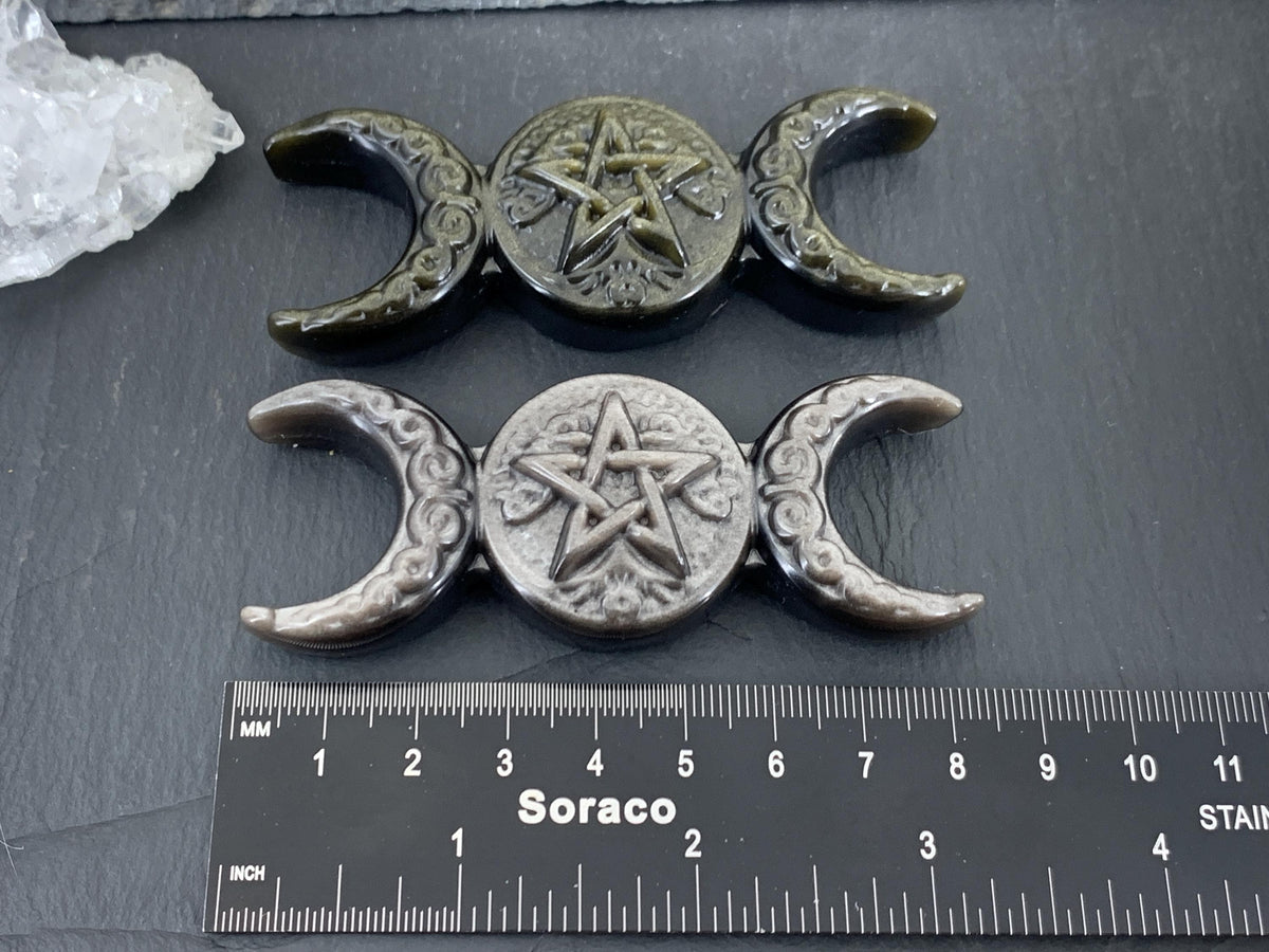 Obsidian Pentacle Altar Decor, Triple Moon Carving - Wiccan Gift