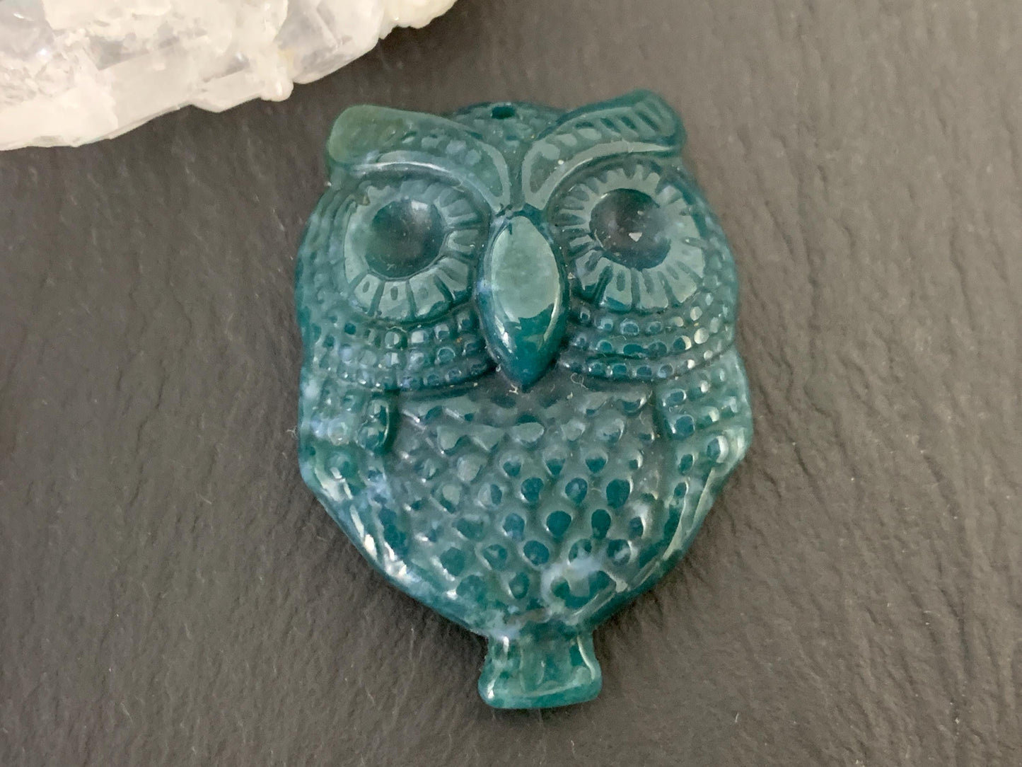 Ocean Jasper owl top drilled 26x35mm cabochon carving