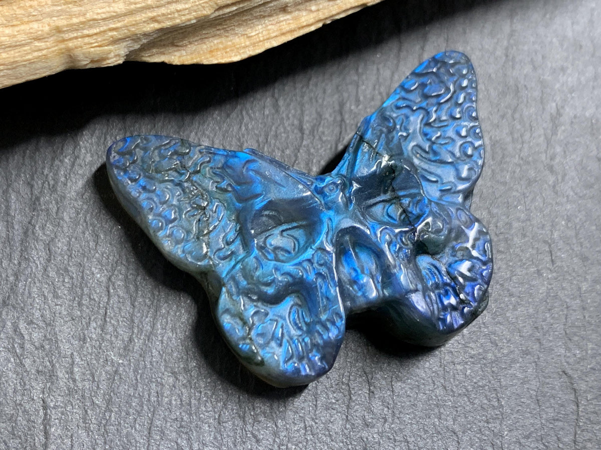 Labradorite Ghost Face Butterfly 41x29mm Flat Back Carving, Natural Labradorite