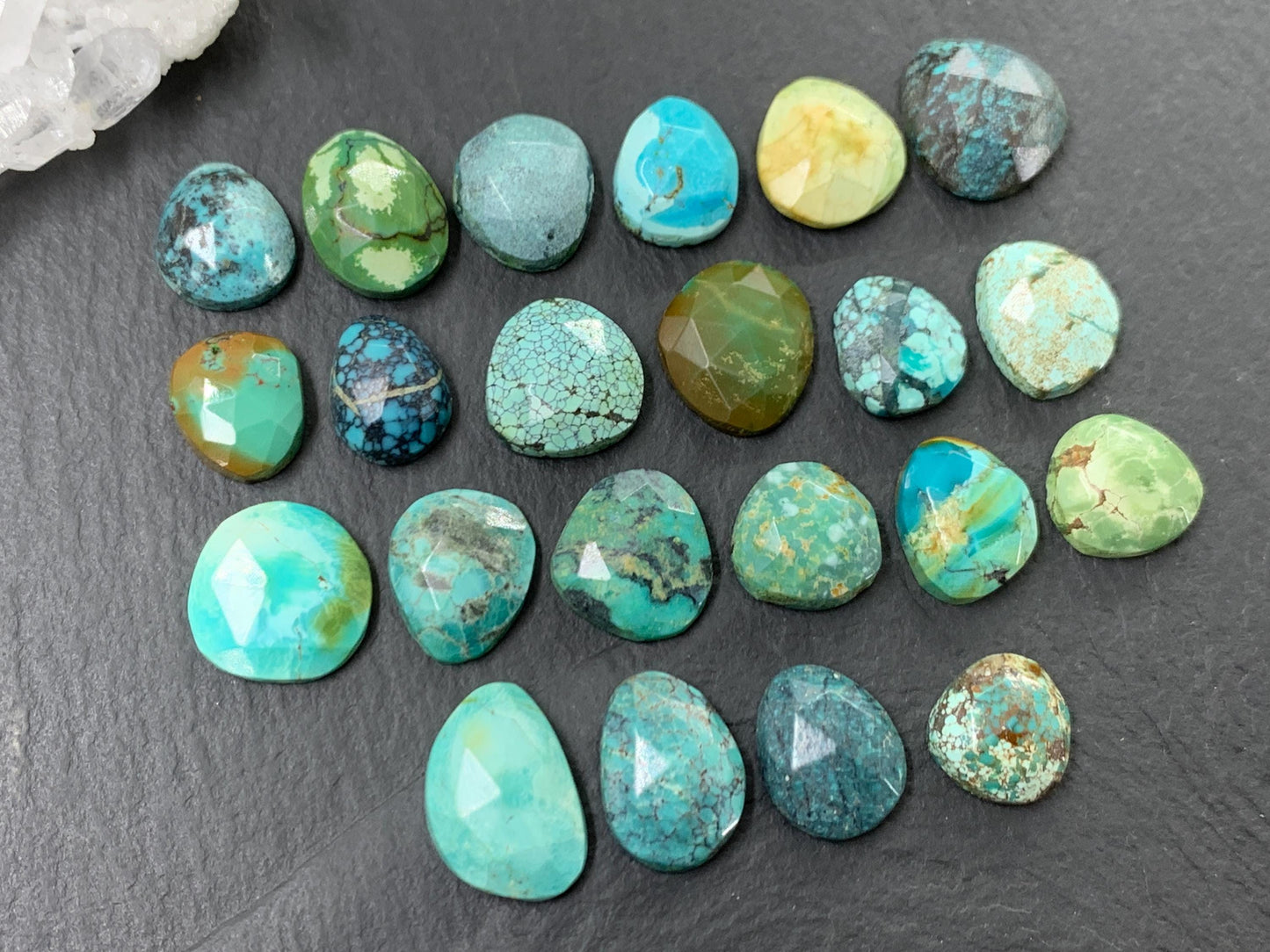 Faceted Tibetan Turquoise Pair long Cabochon - Hand Cut Cabochon