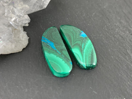 Malachite Chrysocolla free form 8x22x3mm cabochon pair