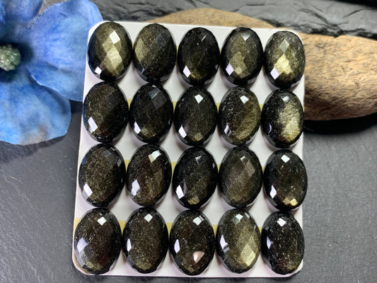 Faceted Gold Obsidian Oval 13x18mm Cabochon - Calibrated cabochons