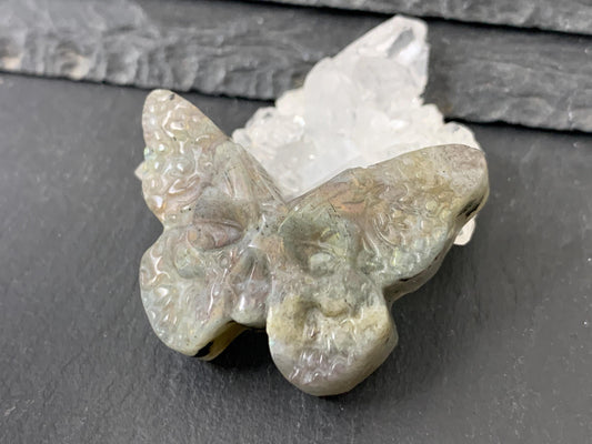 Labradorite Ghost Butterfly – Hand Carved Gemstone Flat Back Carving, Artisan Crystal Gift