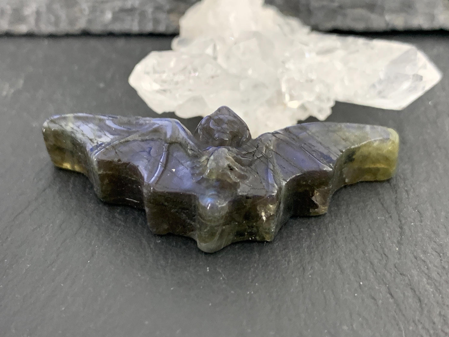 Labradorite skeleton bat 20x47mm flat back carving