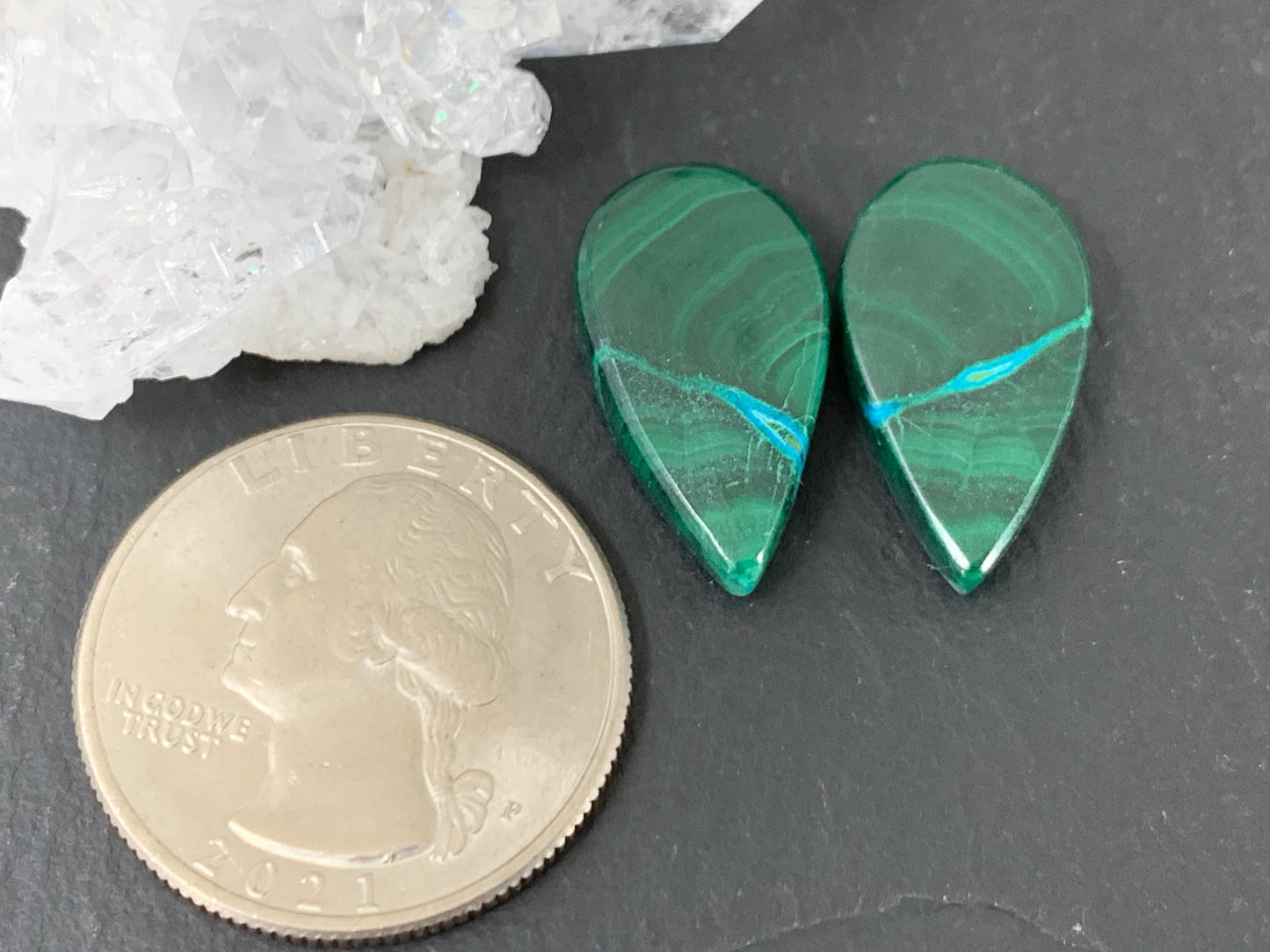 Malachite Chrysocolla pear 12x21x4.5mm cabochon pair