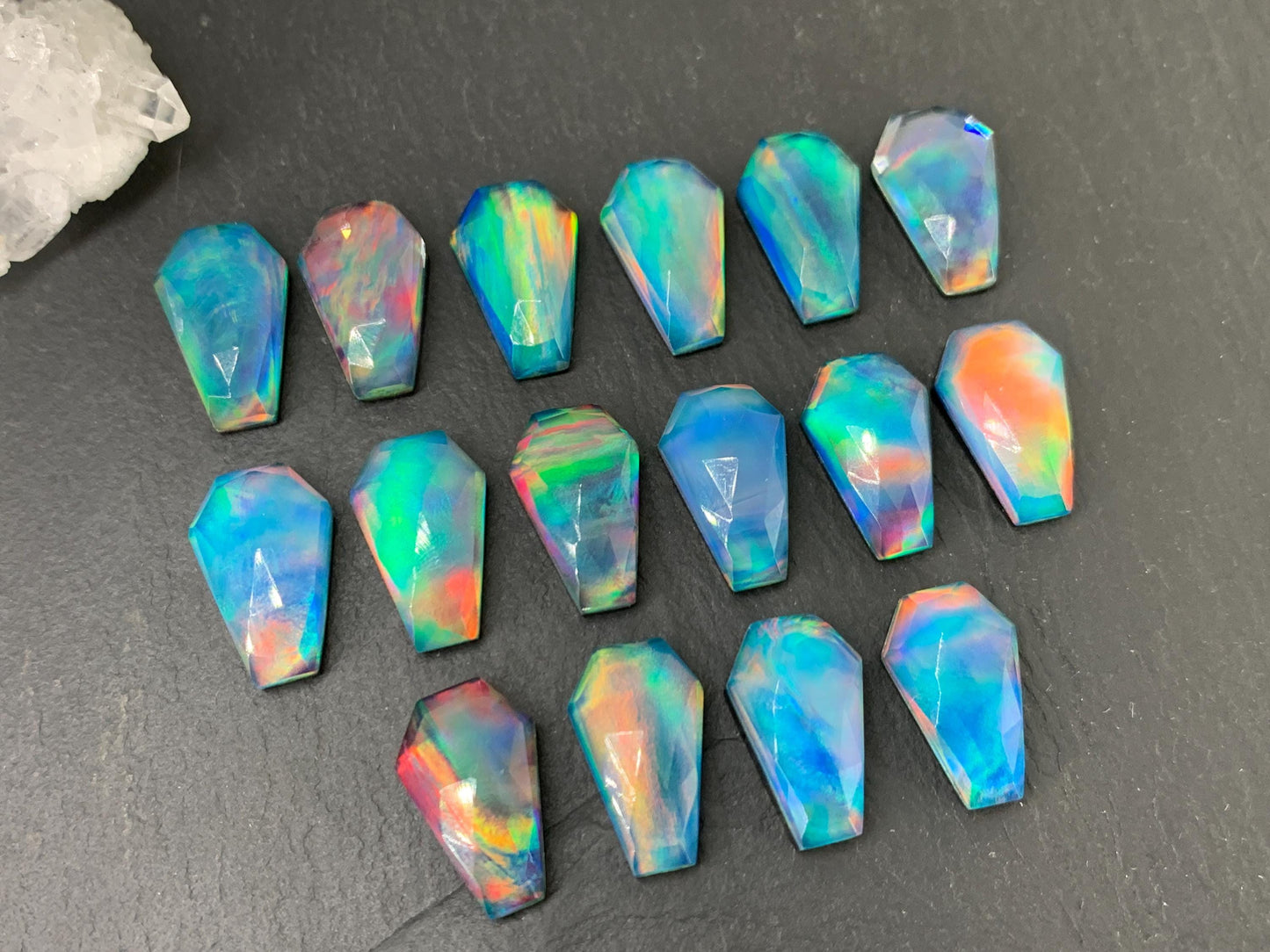 Faceted Aurora Opal coffin 10x16mm cabochon - Doublet cabochons