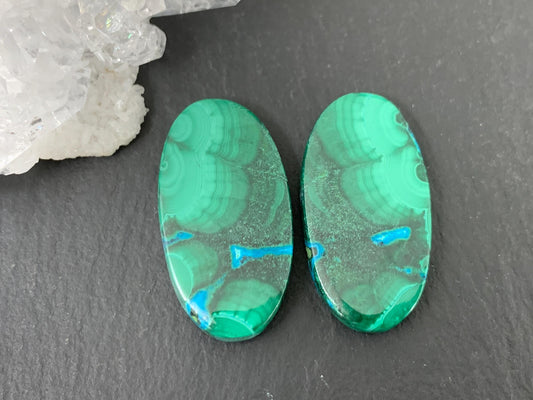 Malachite Chrysocolla oval 14x26x4.5mm cabochon pair