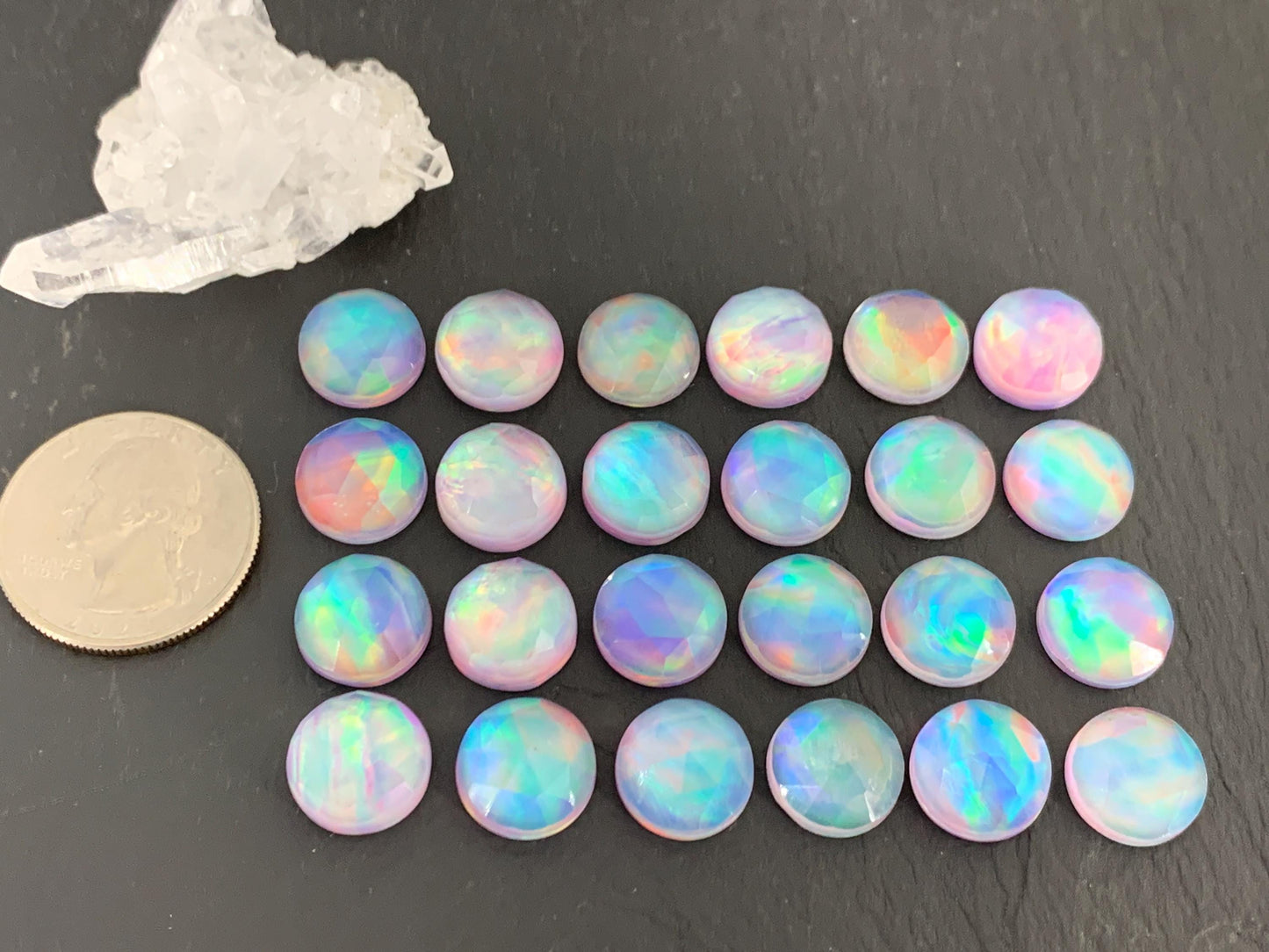 Faceted Aurora Opal round 12mm cabochon - Doublet cabochons