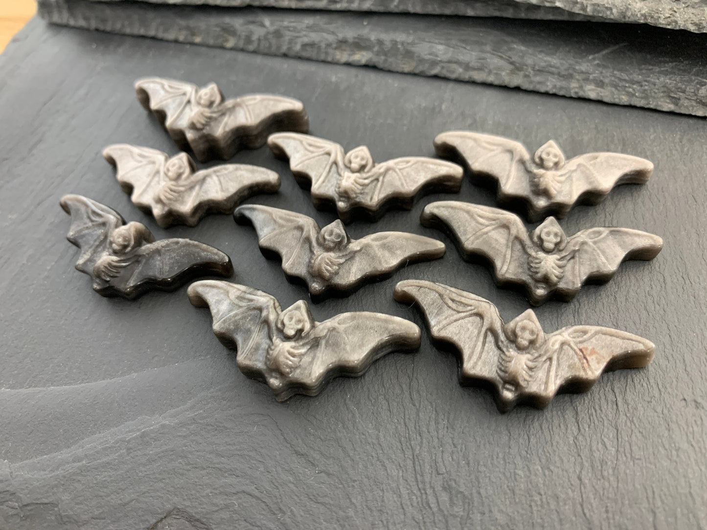 Silver Obsidian Bat Carving - Flat Back Carving