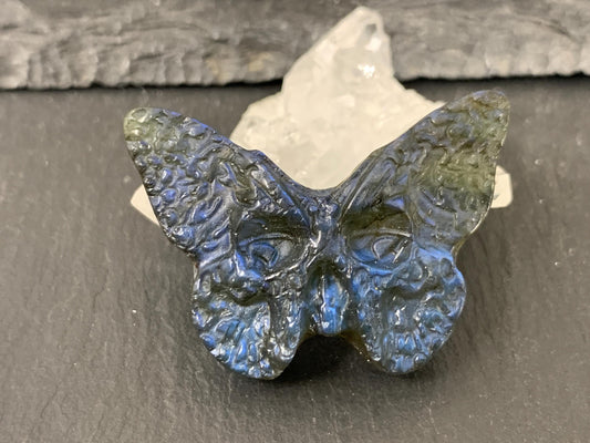 Labradorite Ghost Face Carving - 29x40mm Flat Back Butterfly Gemstone Sculpture