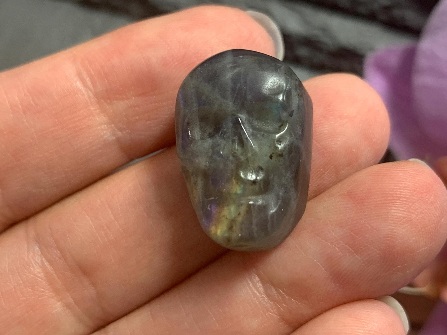 Labradorite Skull Carving | Rainbow Flash Crystal Skull Decor