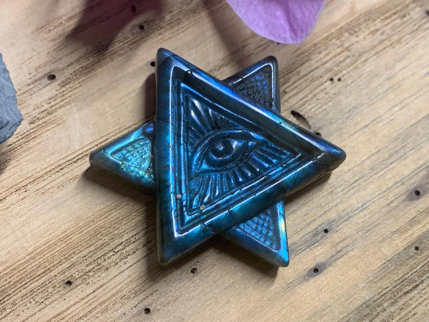 Labradorite Crystal Carving Merkaba Star All Seeing Eye Gift Art