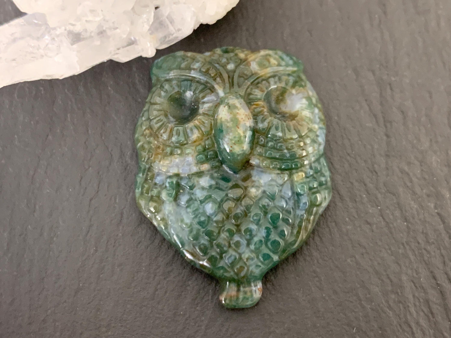 Ocean Jasper owl top drilled cabochon carving