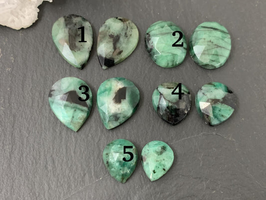 Faceted Emerald Pair 10-16mm long cabochons