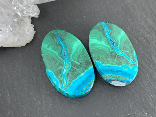 Malachite Chrysocolla oval 14x23x4.5mm cabochon pair