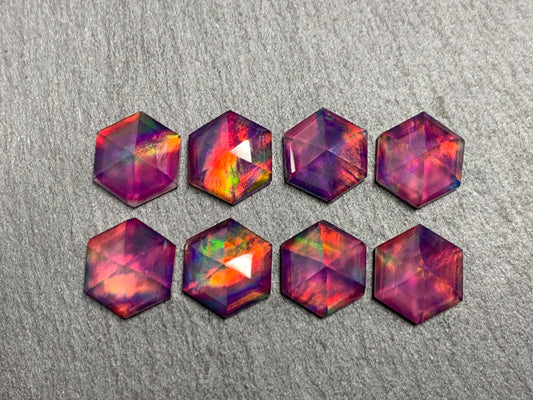 Faceted Aurora Opal hexagon 10mm cabochon - Doublet cabochons