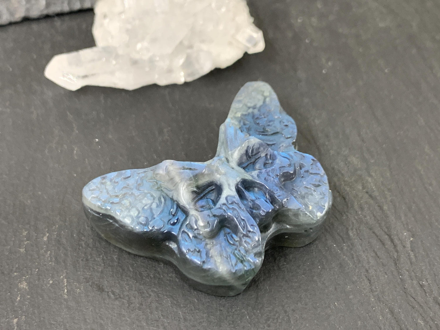 Ghost Face Butterfly Carving - Hand Carved Gemstone, Natural Labradorite Stone Gift