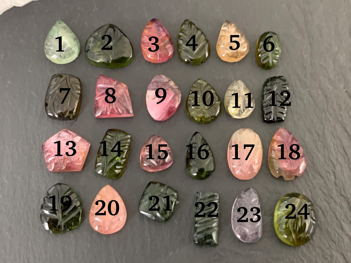 Carved Tourmaline free form 9-11mm long cabochon