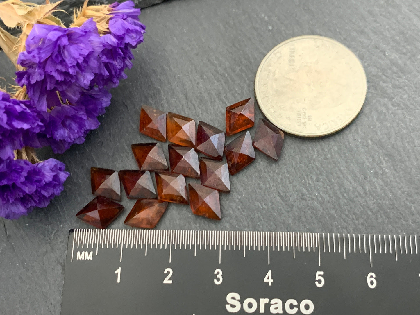 Faceted Hessonite Garnet rhombus 7x10mm cabochon