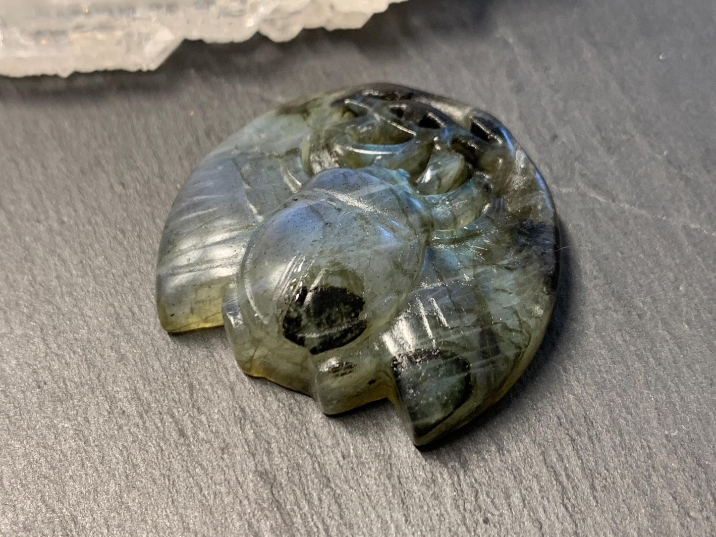 Labradorite Scarab Carving: Ancient Egyptian Eye of Horus Symbol of Protection (34x31mm)