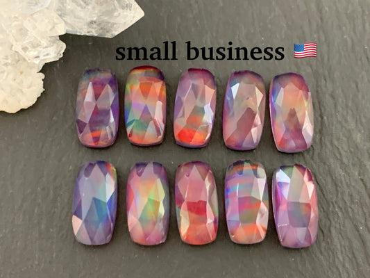 Faceted  Aurora Opal rectangle 7x14mm cabochon - Doublet cabochons