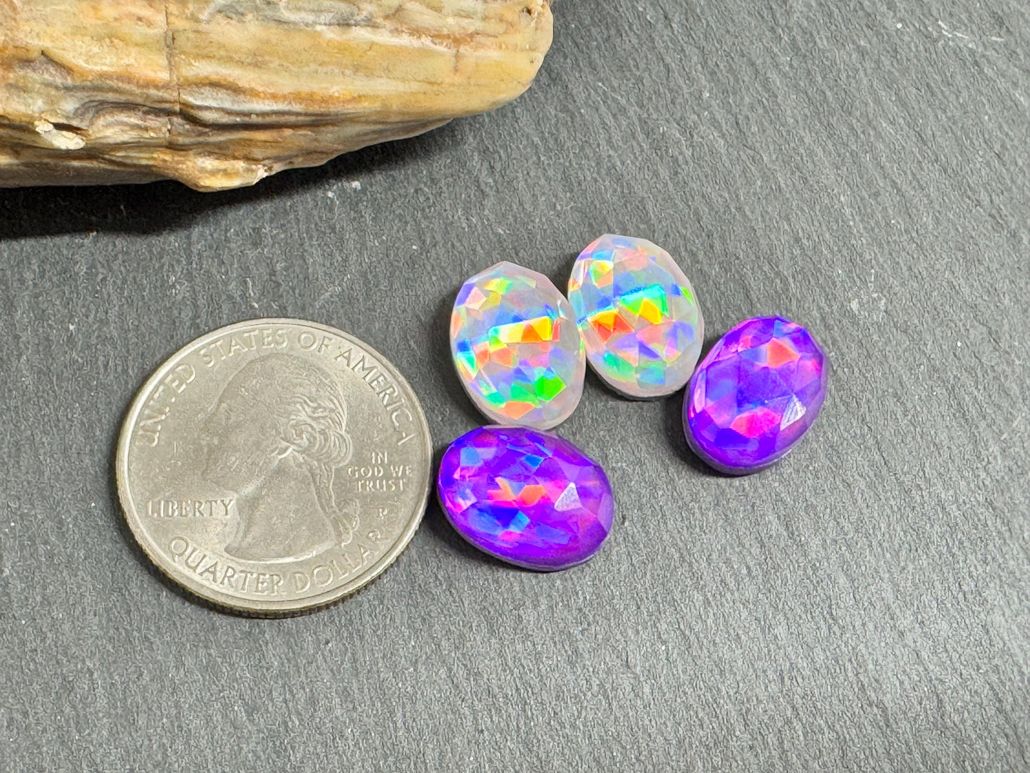 Faceted Purple & Silver Mystic Quartz oval 10x14mm cabochons - Doublet cabochons