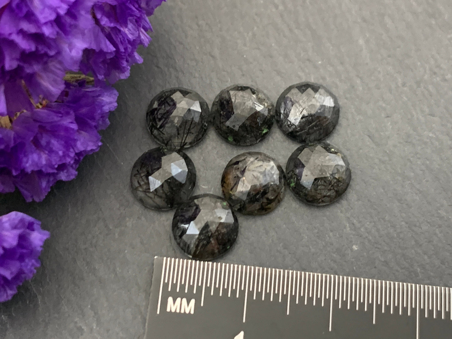 Faceted Black Rutilated Quartz round 8mm cabochon