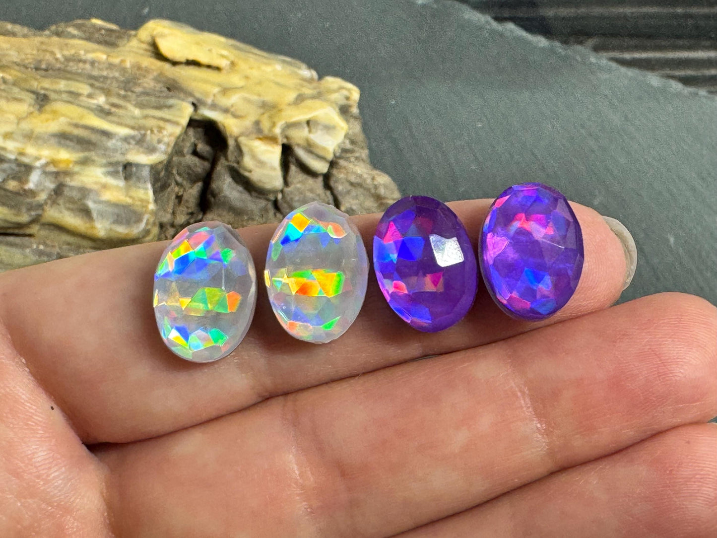 Faceted Purple & Silver Mystic Quartz oval 10x14mm cabochons - Doublet cabochons