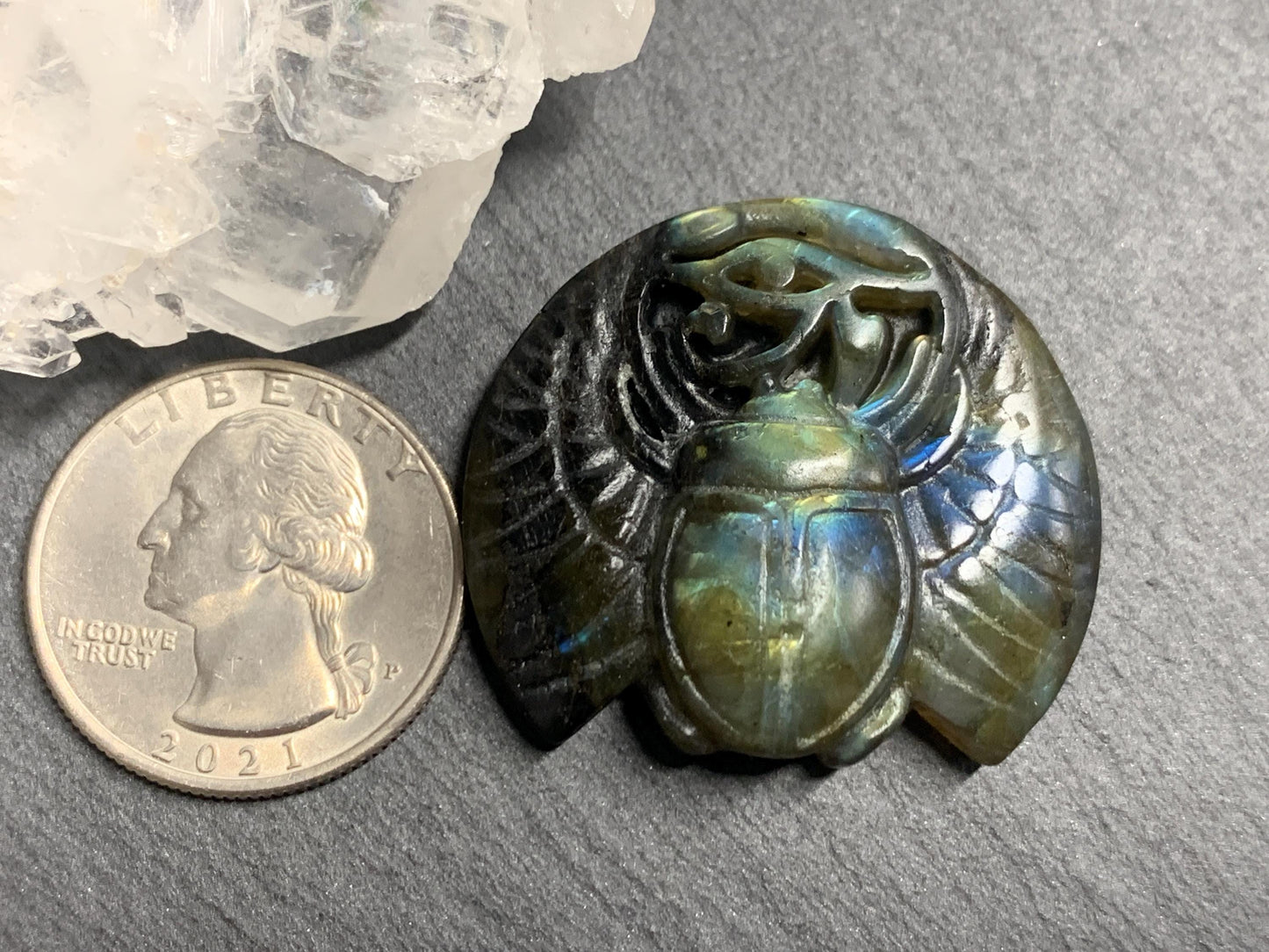 Labradorite Scarab Carving: Ancient Egyptian Eye of Horus Symbol of Protection (35x31mm)