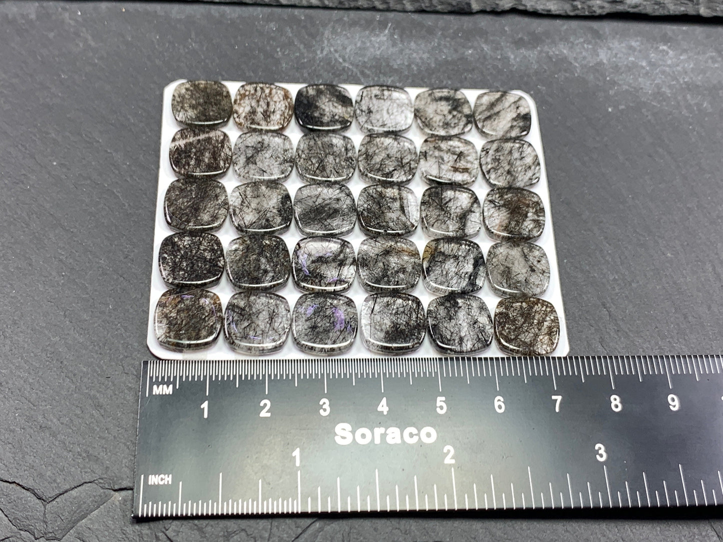 Flat Black Rutilated Quartz square cushion 12mm cabochon - calibrated cabochons