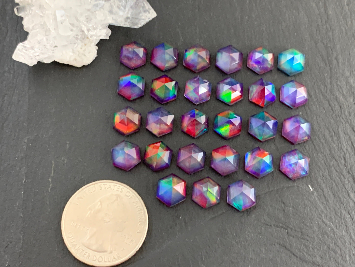 Faceted Aurora Opal hexagon 8x9mm cabochon - Doublet cabochons