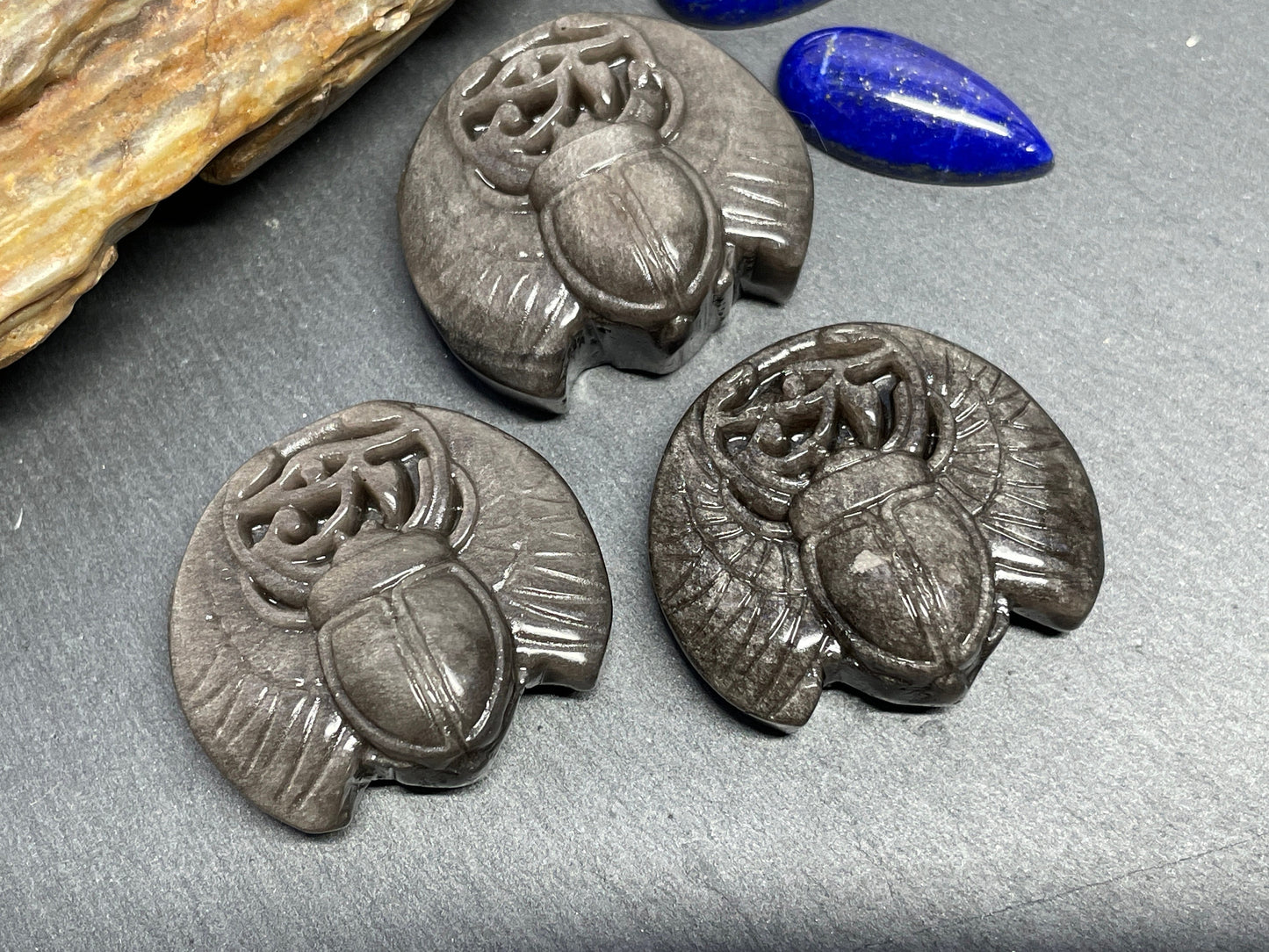 Silver Obsidian Ancient Egyptian Scarab Eye of Horus Symbol of Protection