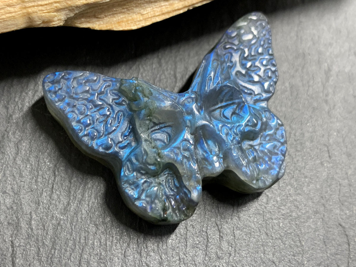 Labradorite Ghost Face Butterfly 40x28mm Flat Back Carving, Natural Labradorite, Handcrafted Crystal Jewelry