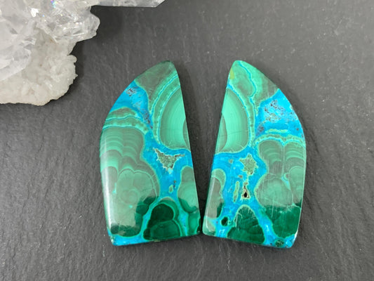 Malachite Chrysocolla free form 13x25x4mm cabochon pair