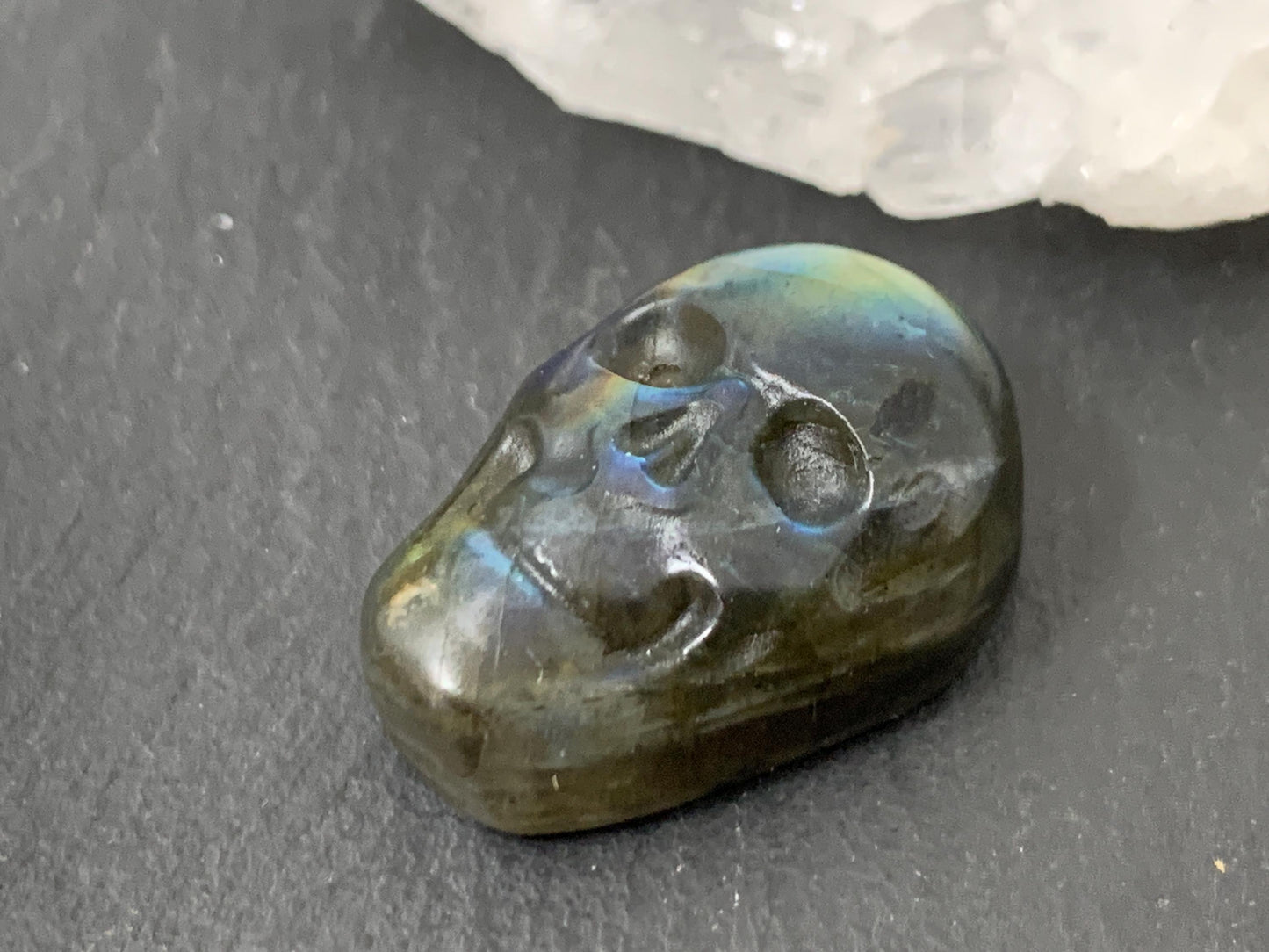 Labradorite Skull Cabochon 15x22mm - Natural Green Gemstone Flat Back Carving